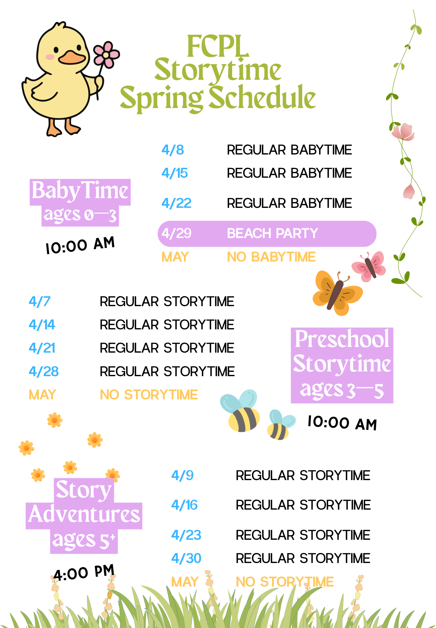 Spring storytime schedule for which shows normal sessions for April and a break in May
